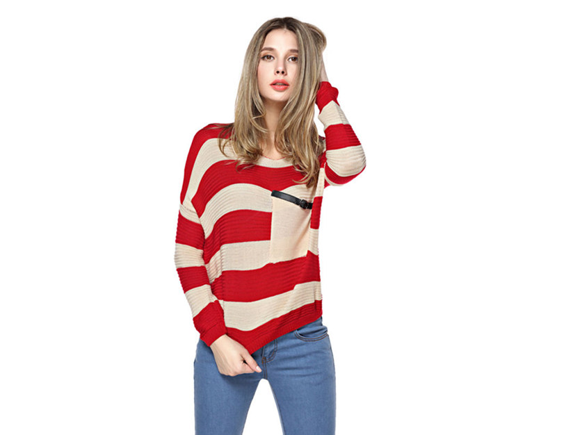 Women's Stripes Pattern Round Neck Red Sweater With Front Pocket S100726