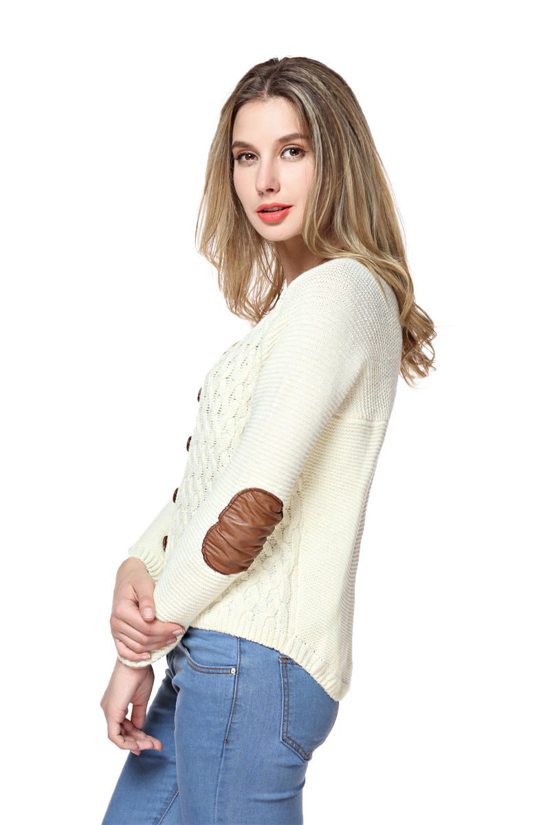 Women's Buttons Front Round Neck Sweater With Round Elbow Patches