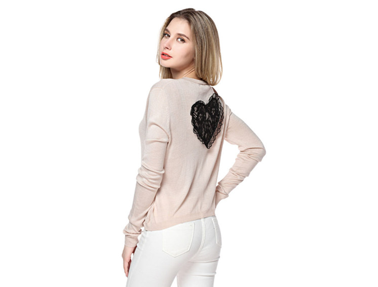 Women's Round Neck Beige Sweater With Heart Pattern Back S100738