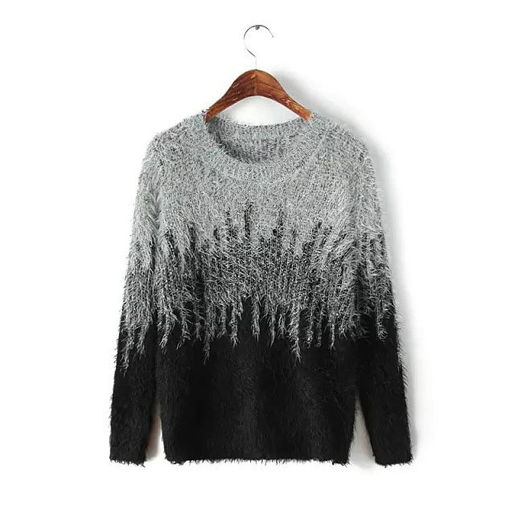 Women's Contrasting Color Round Collar Long Sleeves Mohair Sweater