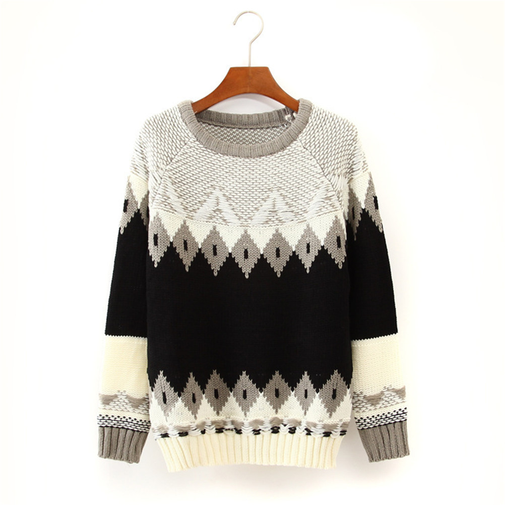 Women's Round Collar Long Sleeves Mixed Color Rhombus Pattern Sweater
