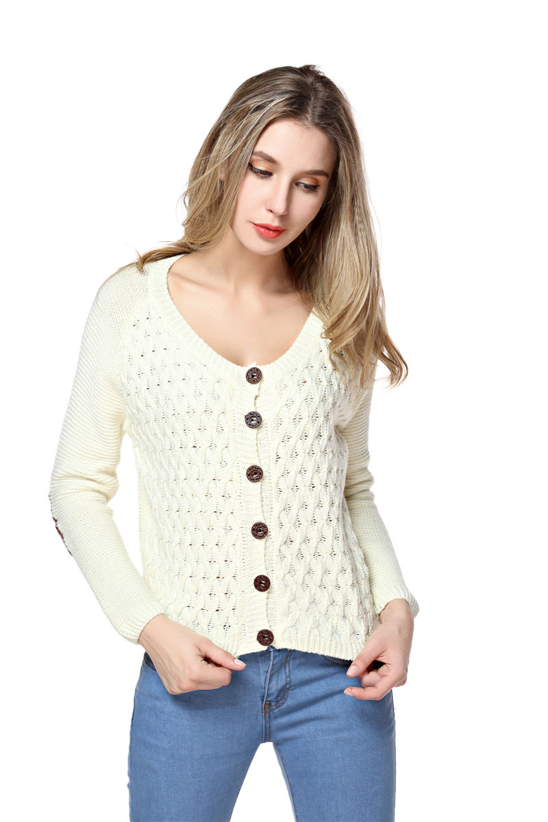 Women's Buttons Front Round Neck Sweater With Round Elbow Patches