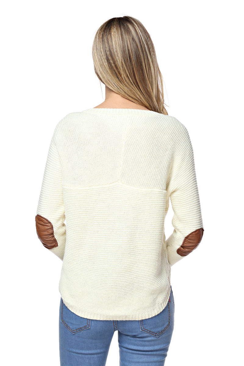 Women's Buttons Front Round Neck Sweater With Round Elbow Patches